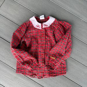 VTG OshKosh B'gosh Toddler Girls Red Plaid Christmas Blouse Embroidered Collar